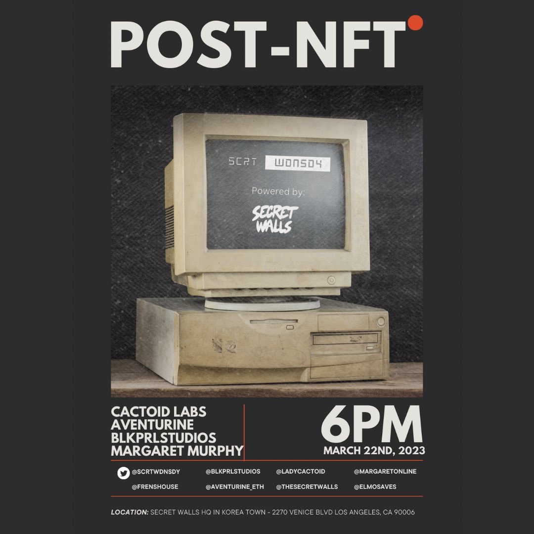 HEY LA! 🗣️

Come say hi tomorrow at the <a href="/SCRTWDNSDY/">SCRT WDNSDY</a> meet up! 

I'll be discussing POST-NFT with <a href="/CactoidLabs/">Cactoid Labs</a> <a href="/aventurine_eth/">Aventurine</a> and <a href="/BLKPRLStudios/">BLKPRL.eth</a> moderated by <a href="/elmosaves/">Elmo Savés 🌎☮️</a>. 🖥️

LAST CHANCE 4 RSVP⬇️
moon.link/brands/629f4d4…