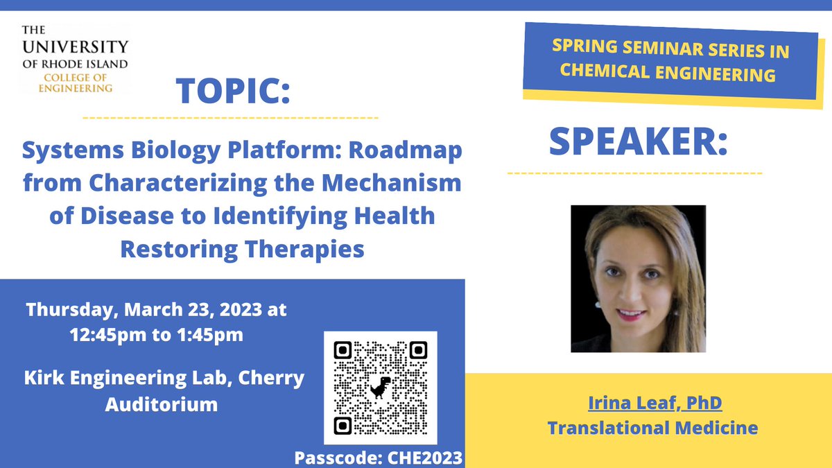 This week we will host the 5th seminar in our Spring 2023 Series.  Dr. Irina leaf will discuss Systems Biology Platform: Roadmap from Characterizing the Mechanism of Disease to Identifying Health Restoring Therapies.  Join us!