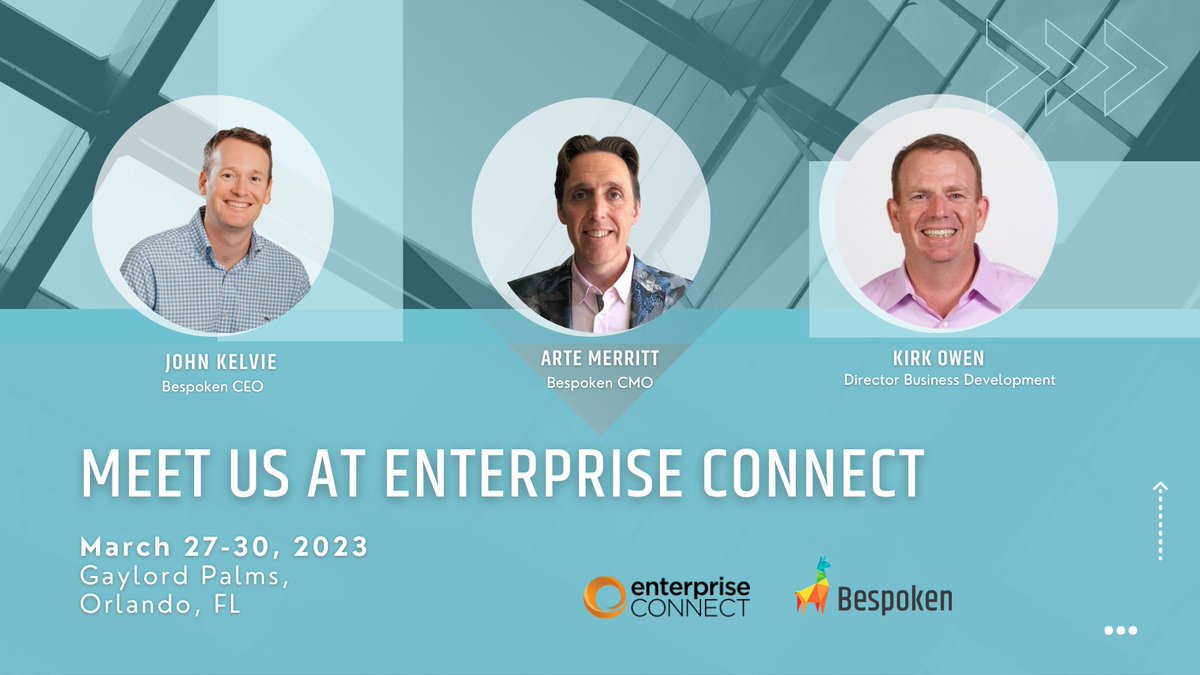 Bespoken (@bespokenio) on Twitter photo Excited to meet you at #EnterpriseConnect! <a href="/jpkbst/">John Kelvie</a>, <a href="/artemerritt/">Arte Merritt</a> & <a href="/RKirkOwen/">Kirk Owen</a> from the Bespoken team will be there next week and ready to chat about how we can help enhance your conversational AI journey. Schedule a meeting with us now! 👉 bit.ly/3lt53g8 Excited to meet you at #EnterpriseConnect! <a href="/jpkbst/">John Kelvie</a>, <a href="/artemerritt/">Arte Merritt</a> & <a href="/RKirkOwen/">Kirk Owen</a> from the Bespoken team will be there next week and ready to chat about how we can help enhance your conversational AI journey. Schedule a meeting with us now! 👉 bit.ly/3lt53g8