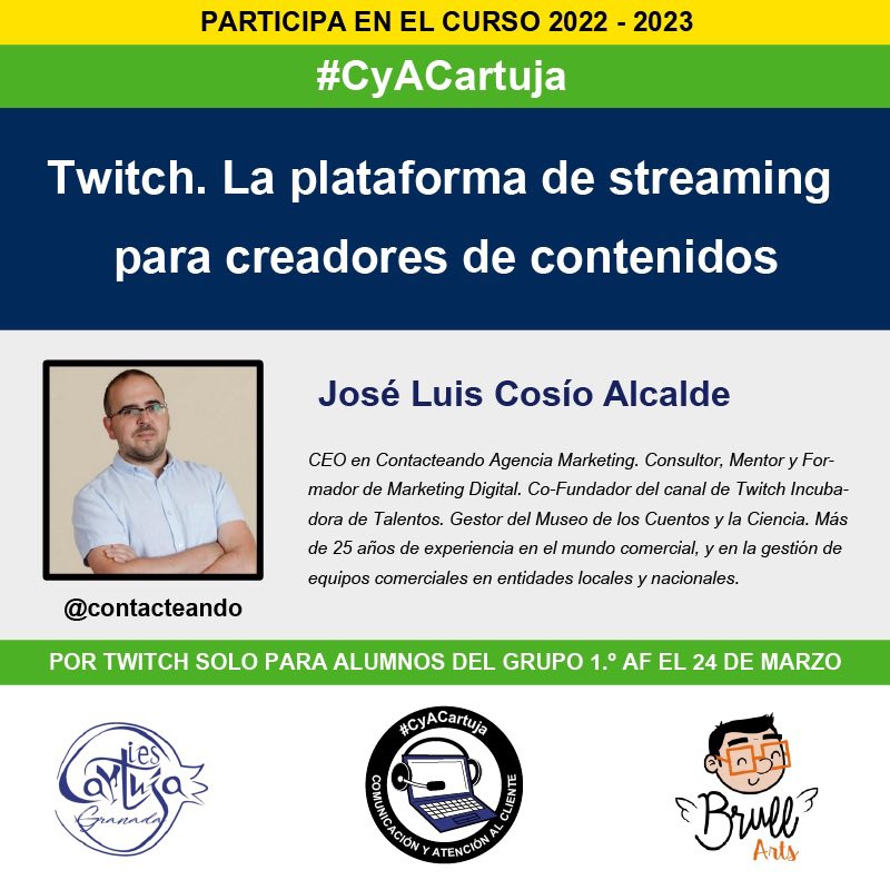 Y .. el próximo #profesional y evento será José Luis Cosío 👏🏻👏🏻 tendremos una sesión de #Twicht en directo con sorpresas, preguntas y ¡¡¡un regalo!!! 

¿Te lo vas a perder? El viernes a las 11:50 h en #CyACartuja <a href="/iescartuja/">IES Cartuja</a> #RRSS  <a href="/contacteando/">@contacteando®</a> 👏🏻👏🏻