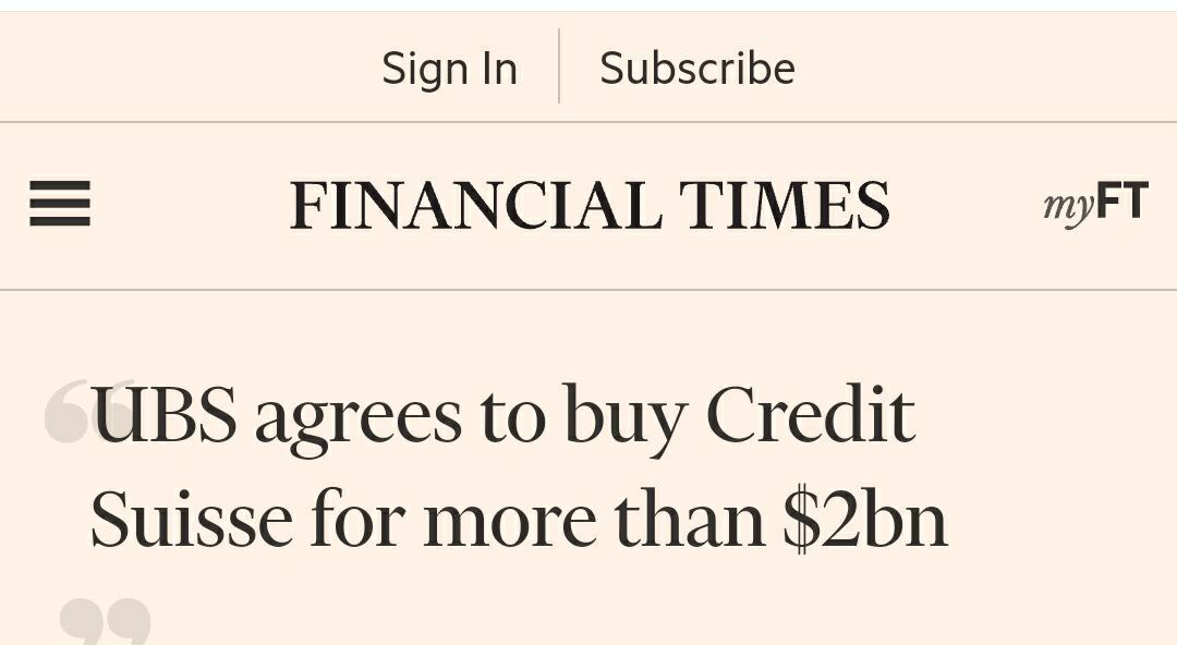✔️UBS agrees to buy Credit Suisse for over $2 billion.