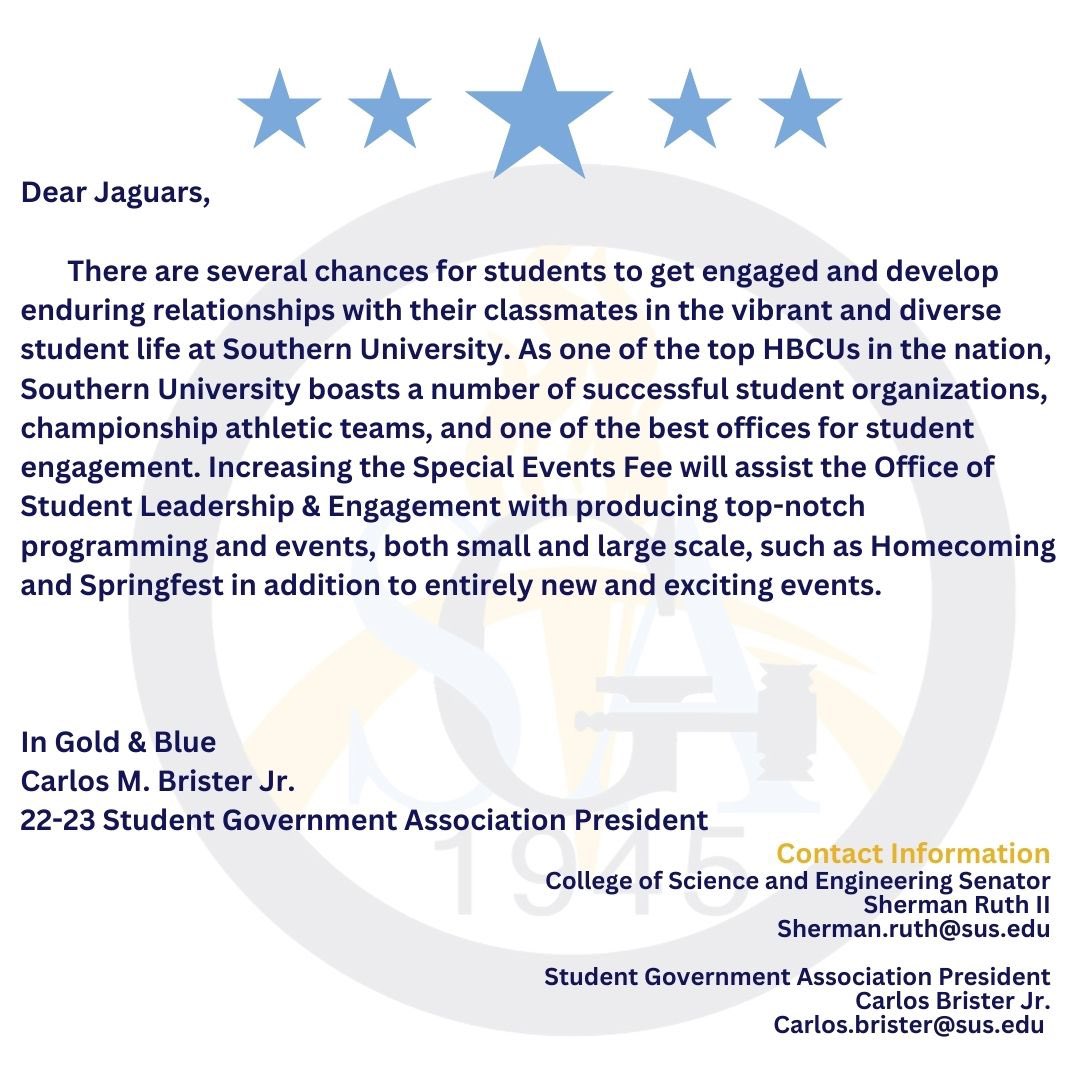 SUBRSGA's tweet photo. Hey Jags, here’s everything you need to know about the student assessed special events fee. On Friday, March 24 from 8am-5Pm vote “YES” it increase the fee to continue bringing you all top notch experiences 
.
.
.
.
.
#SUELECTIONS #wearesouthern  #sensationalsenate #thisisit 💙💛 https://t.co/xFEtNsfBic