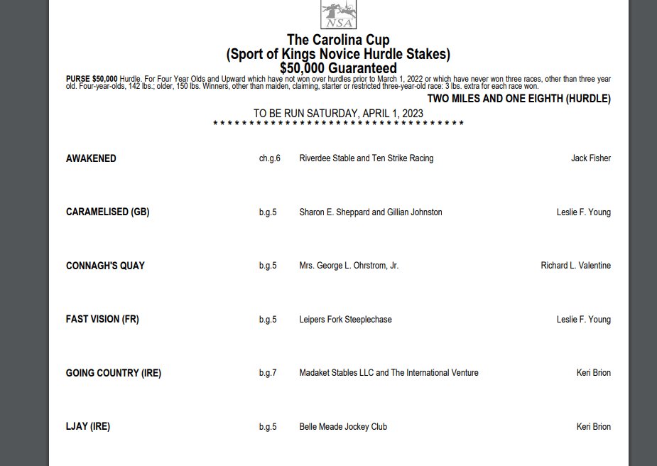 Pick4win's tweet photo. 11 Nominations for The Carolina Cup on 4/1
including our boys at the bottom
#GoingCountry #Ljay
#TheInternationalVenture #KBRacing https://t.co/spu6IR7Emt