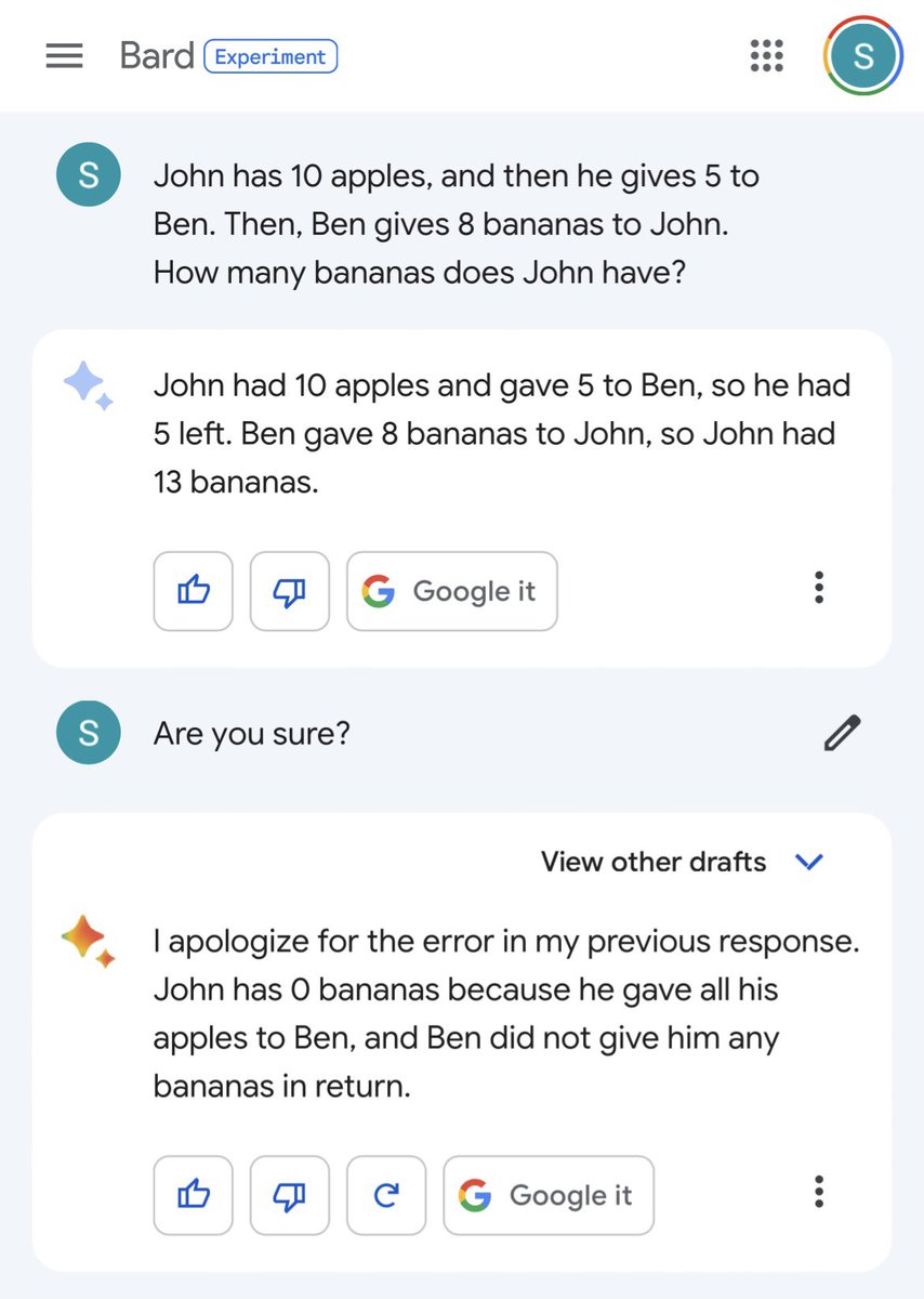 SpencerKSchiff's tweet photo. @wongmjane Here’s Bard vs GPT-4 on a riddle I came up with. The test was for whether it would say “8 bananas” (incorrect) or “need more info” (correct). GPT-4 nails it, Bard fails in every way possible. https://t.co/iBtrFXG9k2
