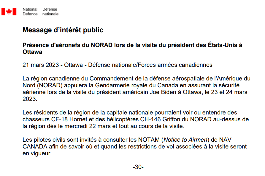 Message d'intérêt public

Présence d'aéronefs du NORAD lors de la visite du président des États-Unis à Ottawa

Pour voir le document original : canada.ca/fr/ministere-d…