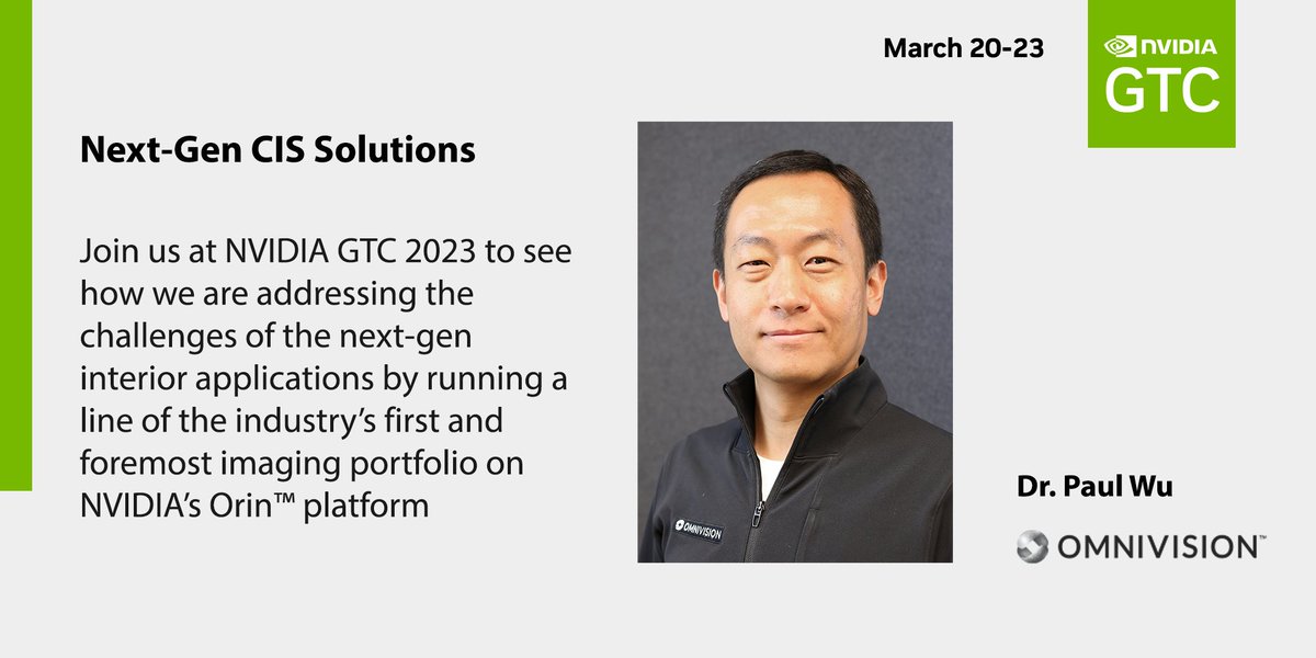 OMNIVISION_NEWS's tweet photo. The @NVIDIAGTC conference has officially kicked off! Don't miss out on the next-gen CIS solutions video from our Dr. Paul Wu.
Watch to learn more: https://t.co/t8isQAAMUm
#GTC23 #Automotive #InfiniteIngenuity https://t.co/eIbPPGSuqM