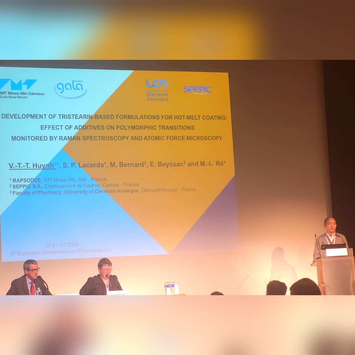 Nice presentation given by Phd student Van Trung Tin Huynh from <a href="/Centre_RAPSODEE/">Centre RAPSODEE</a> @IMTMinesAlbi at the 4th European Conference on Pharmaceutics, talking about "the development of Tristearin-based formulations for hot-melt-coating"  it was an insightful talk!