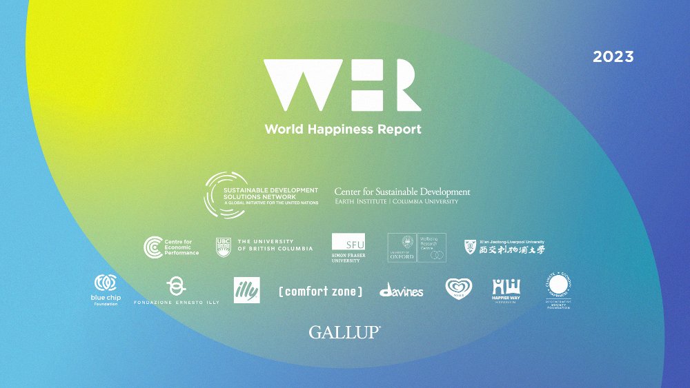 .<a href="/HappinessRpt/">World Happiness Report</a> is a volunteer effort made possible w/the support of our partners We are grateful to <a href="/gallup/">Gallup</a> Fondazione Ernesto Illy @IllyCafe <a href="/BlueChipFDN/">Jenn Stengaard Gross</a> the William, Jeff, and Jennifer Gross Family Foundation <a href="/DavinesOfficial/">Davines</a> <a href="/comfortzone_spa/">[ comfort zone ]</a> <a href="/walls/">Wall's Ice Cream</a> <a href="/happierwayorg/">Happier Way Foundation</a> <a href="/regsociety/">Regenerative Society Foundation</a>