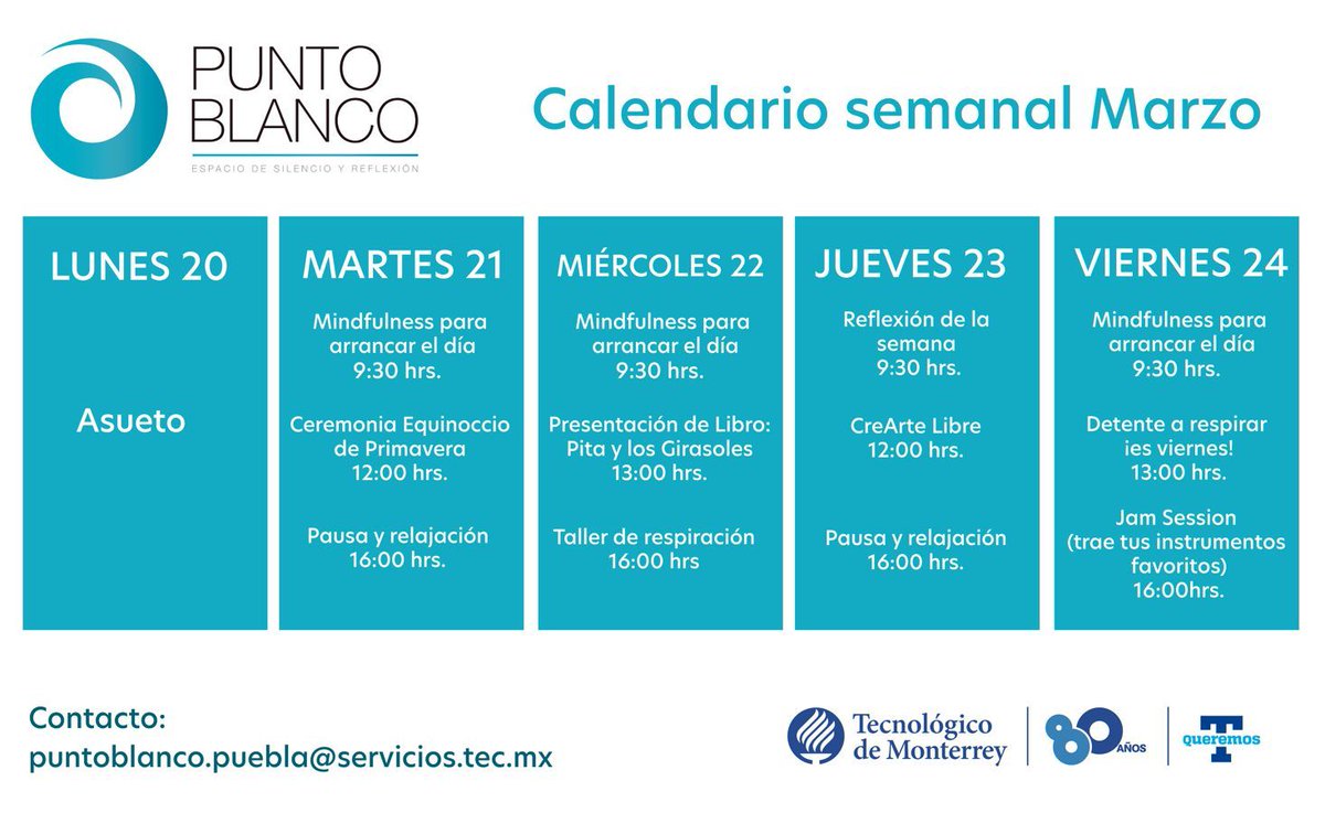 Bien_EstudPUE's tweet photo. El equipo de Bienestar Estudiantil te invita a las actividades de la semana en Punto Blanco.
¡Ven a respirar y a relajarte!
#tqueremos #PuntoBlanco https://t.co/1WAFfnHbWk