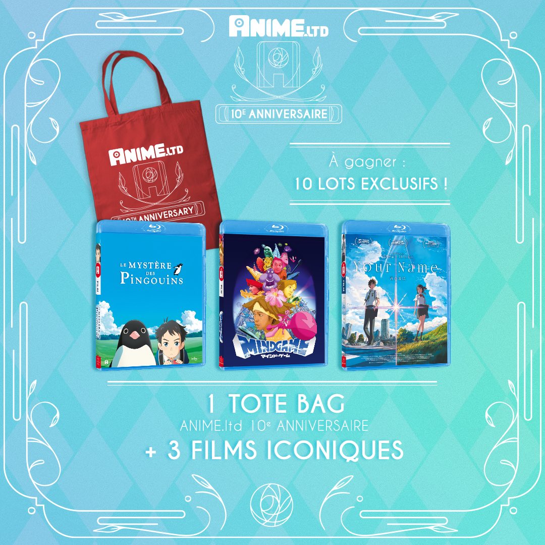 alltheanime_fr's tweet photo. ✨Concours✨ : AllTheAnime fête ses 10 ans !!

Pour célébrer ce bel événement, voici un concours avec 10 lots à gagner 🥳
Dans chaque lot : 1 tote bag exclusif AllTheAnime 10e anniversaire et 3 de nos films parmi les plus iconiques 😇♥️ https://t.co/0dXo3NKsMB