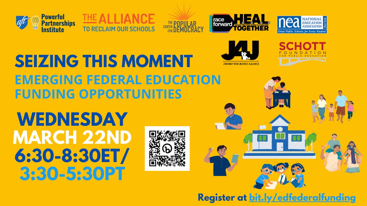 Our communities need better #EducationFunding, but we'll only get it if we fight for it.

Join the the education justice movement & learn about emerging federal funding opportunities for students, families & educators. 

Register @ bit.ly/AROSevent #teachers