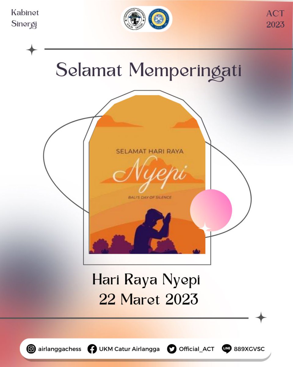 [SELAMAT HARI RAYA NYEPI] 

Kami mengucapkan Selamat Hari Raya Nyepi Tahun Baru Saka 1945 untuk Umat Hindu di Seluruh Nusantara. Mari rayakan hari yang suci ini dalam keheningan.

#AirlanggaChessTeam2023
#UKMCaturAirlangga
#WeCanSolveIt
#KabinetSinergi
#UniversitasAirlangga