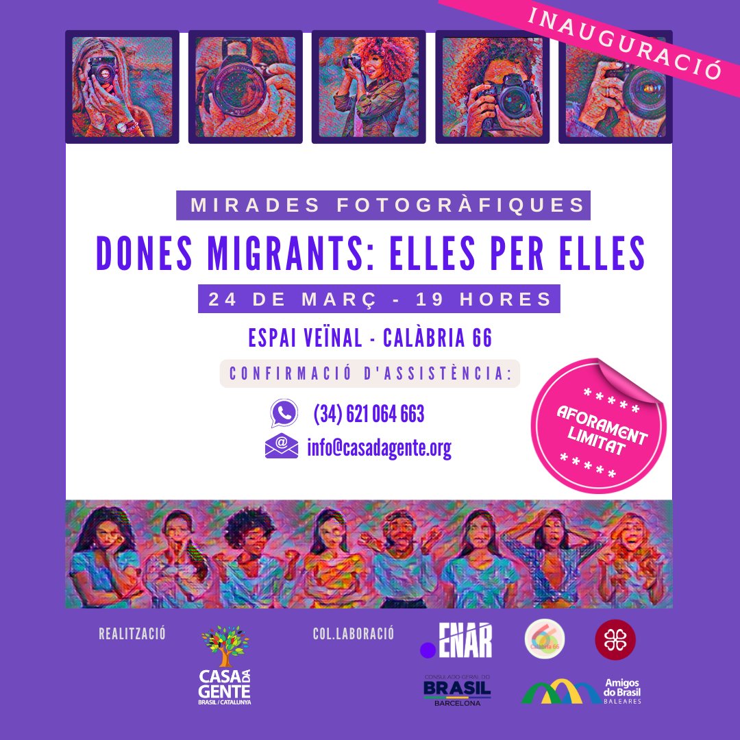 📷#Exposició “Dones Migrants: Elles per Elles”. ✊ Promoguda per <a href="/casa_gente/">Associação Casa da Gente Brasil Catalunya</a>, homenatge a totes les #donescis i #trans que van emigrar del seu país d'origen. 🎉 Inauguració:  24 de març, 19h
📞 +34621064663;📩 info@casadagente.org
📆 Expo: 25 i 26 de març, 9 a 22h
📌 Espai veïnal