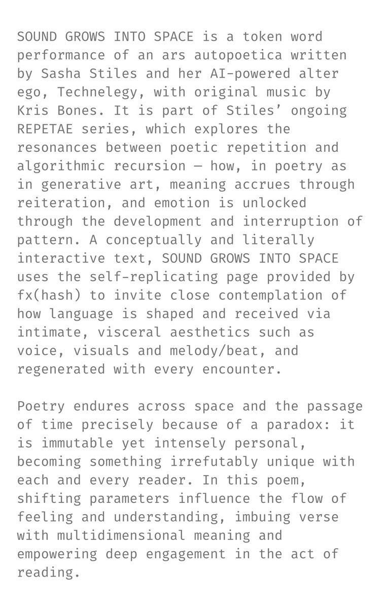 sashastiles's tweet photo. i was SO nervous to code my first solo @fx_hash_ poem, especially as part of the release of #fxparams β but i did it. thx to @WideawakeBeets for inspiring me to write this project for #thepassage and @neuromantic6 for your help and encouragement.
#repetae #soundgrowsintospace https://t.co/YEpEIXjURk