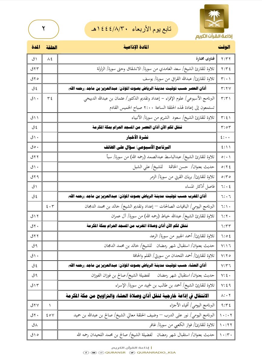 QuranRadio_ksa's tweet image. هيكل تلاوات وبرامج
#إذاعة_القرآن_الكريم
ليوم #الأربعاء ١٤٤٤/٨/٣٠