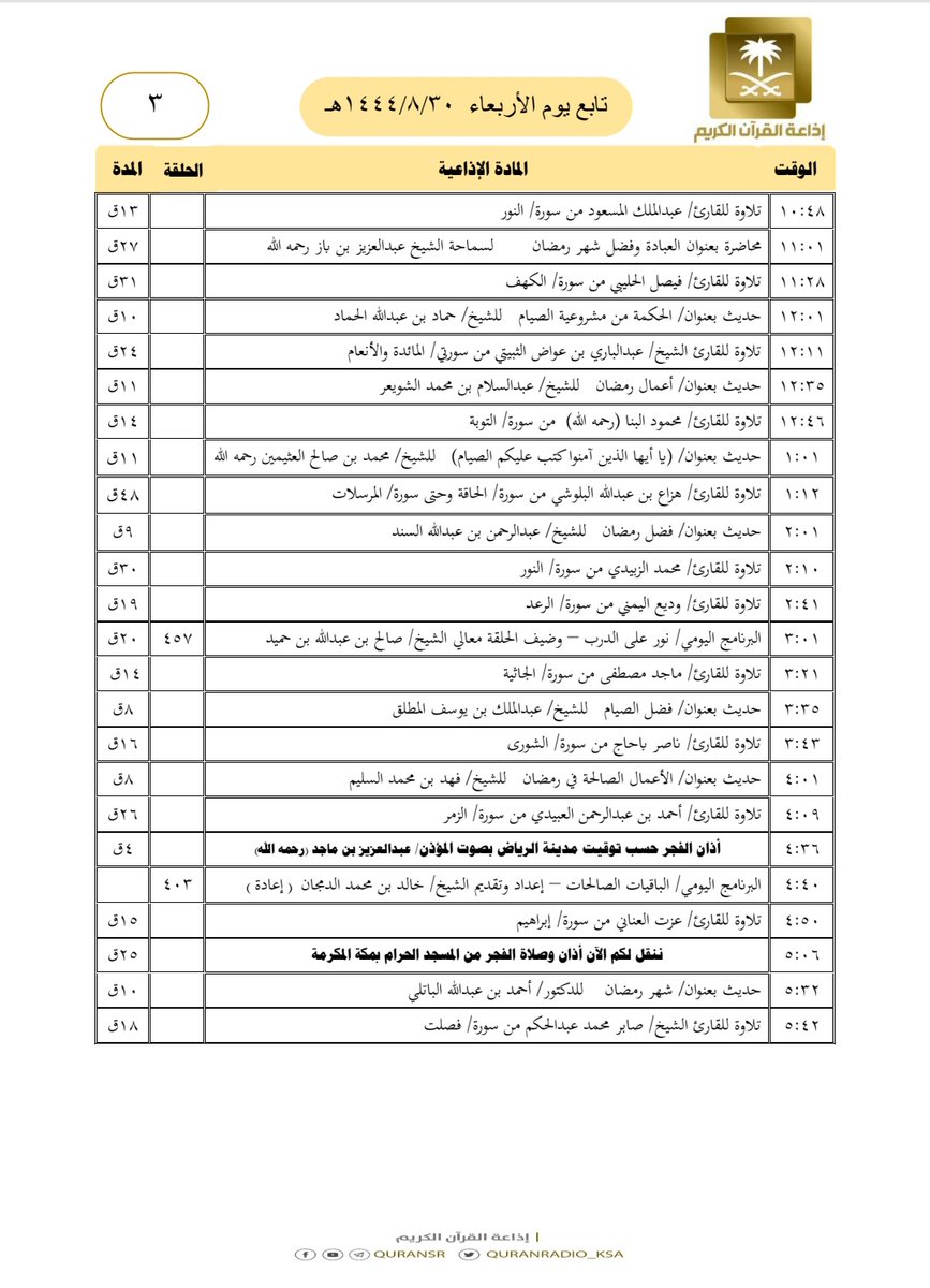 QuranRadio_ksa's tweet image. هيكل تلاوات وبرامج
#إذاعة_القرآن_الكريم
ليوم #الأربعاء ١٤٤٤/٨/٣٠