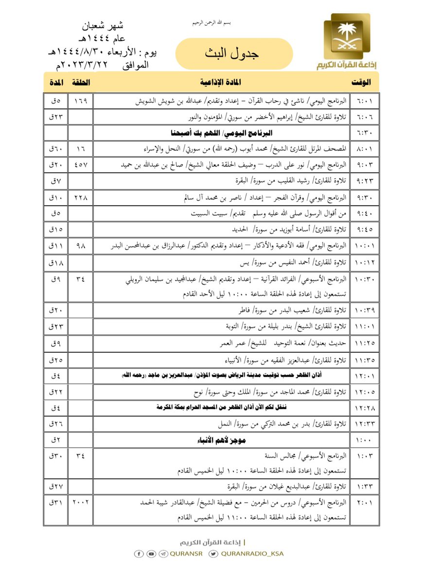 QuranRadio_ksa's tweet image. هيكل تلاوات وبرامج
#إذاعة_القرآن_الكريم
ليوم #الأربعاء ١٤٤٤/٨/٣٠