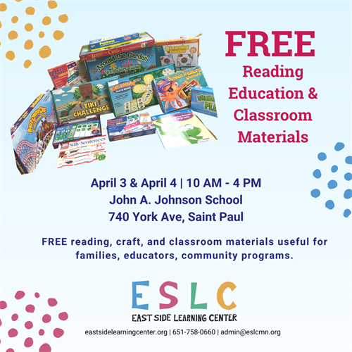 EastSideLC's tweet photo. East Side Learning Center is giving away the large inventory of children's books, literacy games, and classroom materials that we have stored at John A Johnson. Everything will be FREE and everything must go! Please share this opportunity widely! https://t.co/JTBK7vWmPy