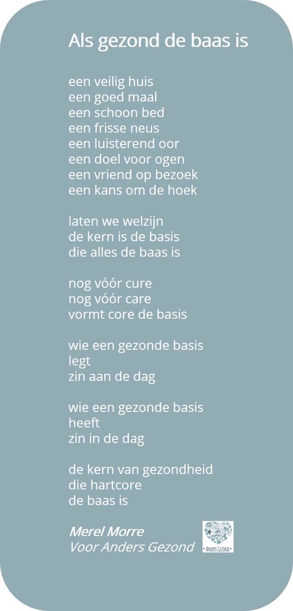 Het is wereld-poëziedag vandaag! En ik ben gek op de gedichten van ⁦<a href="/MerelMorre/">Merel Morre</a>⁩. Zij een echte woordkunstenaar! Een paar jaar geleden schreef zij in opdracht van ⁦<a href="/AndersGezond/">Chantal Walg</a>⁩ dit gedicht! #Blijmee!  #core #care #cure #promotie #preventie