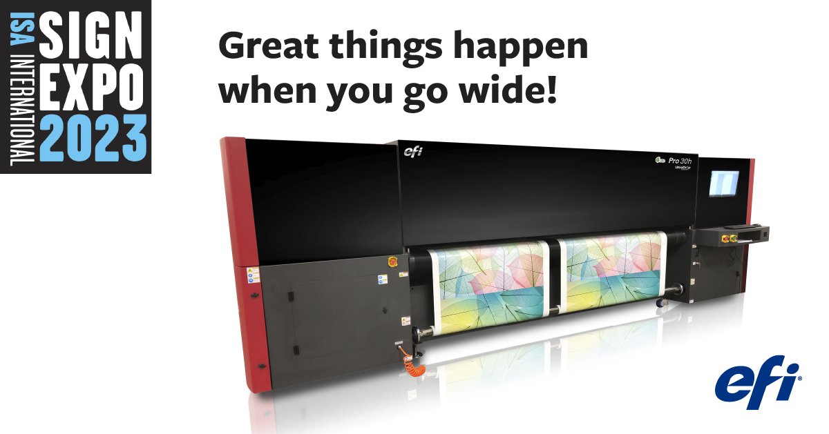 EFIPrint's tweet image. Make great things happen at @isasignexpo! You’ll see the 3.2-meter EFI #Pro30h hybrid flatbed/roll-fed LED production printer in action. Get your free pass today. Visit our distributor @NazdarSourceOne at Booth 2627. Schedule a meeting or book a demo:  sourceone.nazdar.com/Promo/Shows/-I…
