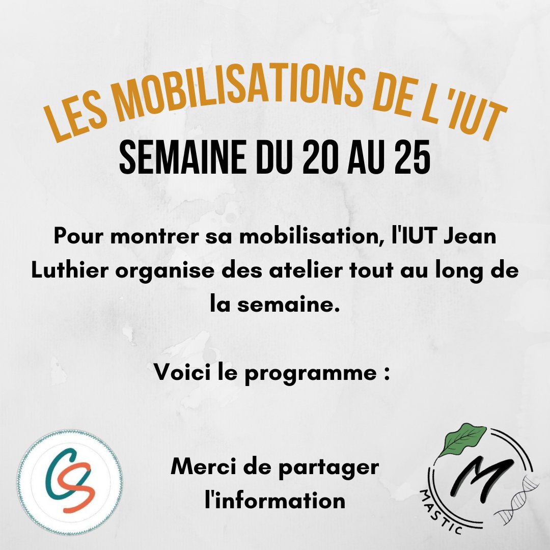 AssoMASTIC's tweet photo. Ceci est un appel à tous les étudiants 🗣️

Toute la semaine, l'IUT de tours nord se mobilise suite au mouvement social important 🔎

Voici le programme des activités proposées pour la semaine du 20 au 25 mars 2023 🗓️

Parlez en autour de vous 🎙️ https://t.co/3bKCGJwwuQ