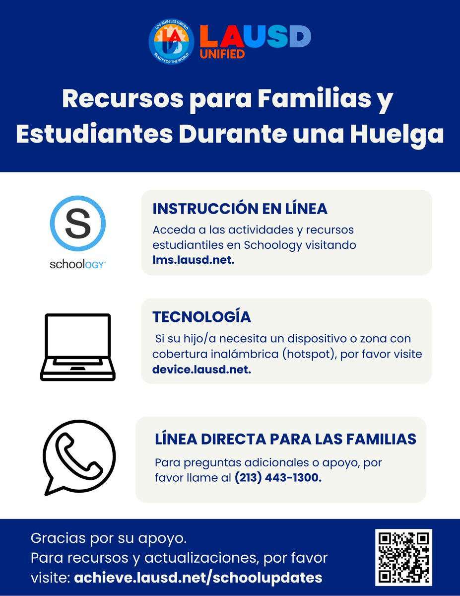 While <a href="/LASchools/">Los Angeles Unified</a> are closed, parents have some resource options for their students such as online instruction, on-demand tutoring, and student supervision. Take a look at this link for more information. 
achieve.lausd.net/schoolupdates/…
#LAUSDStrike 
#LAUSD