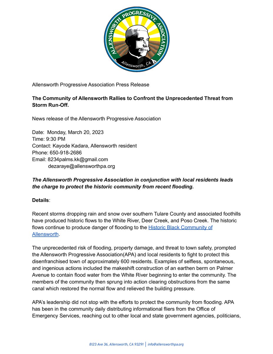 AllensworthPA's tweet photo. Please read &amp; share! Flood Emergency News Release from the Allensworth Progressives Association on behalf of the community of Allensworth, the town that refuses to die! 
Below is the link to the community supplies needs list.
#CAwater #TulareLake 

https://t.co/2zKV6gE9i2 https://t.co/1L69wePNHi