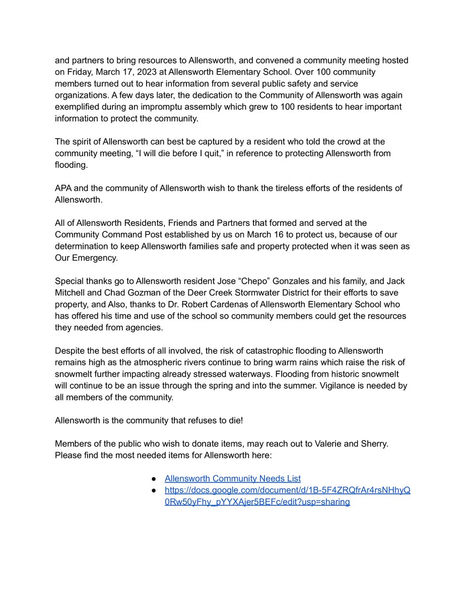 Please read &amp; share! Flood Emergency News Release from the Allensworth Progressives Association on behalf of the community of Allensworth, the town that refuses to die! 
Below is the link to the community supplies needs list.
#CAwater #TulareLake 

docs.google.com/document/d/1B-…