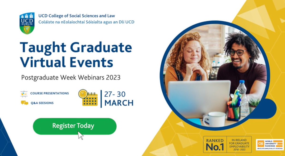Register for the UCD School of Education virtual event on Wednesday 29th March @ 11am (Irish Time) to learn more about the range of graduate courses available. 
ucd.ie/socscilaw/post…