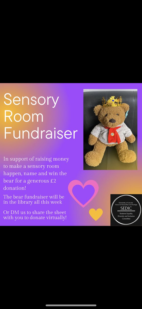 We are currently fundraising for a Sensory Room at <a href="/unilincoln/">University of Lincoln, UK</a>. Name the Bear correctly and give him a new home! He will be in the library this week or you can participate remotely through messaging our Instagram account uolsedic_hh 🌈🌈🌈