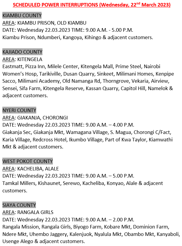 KenyaPower_Care's tweet photo. Hello, These areas will be affected by planned power interruptions tomorrow: ^BT https://t.co/i00hPWWNZo