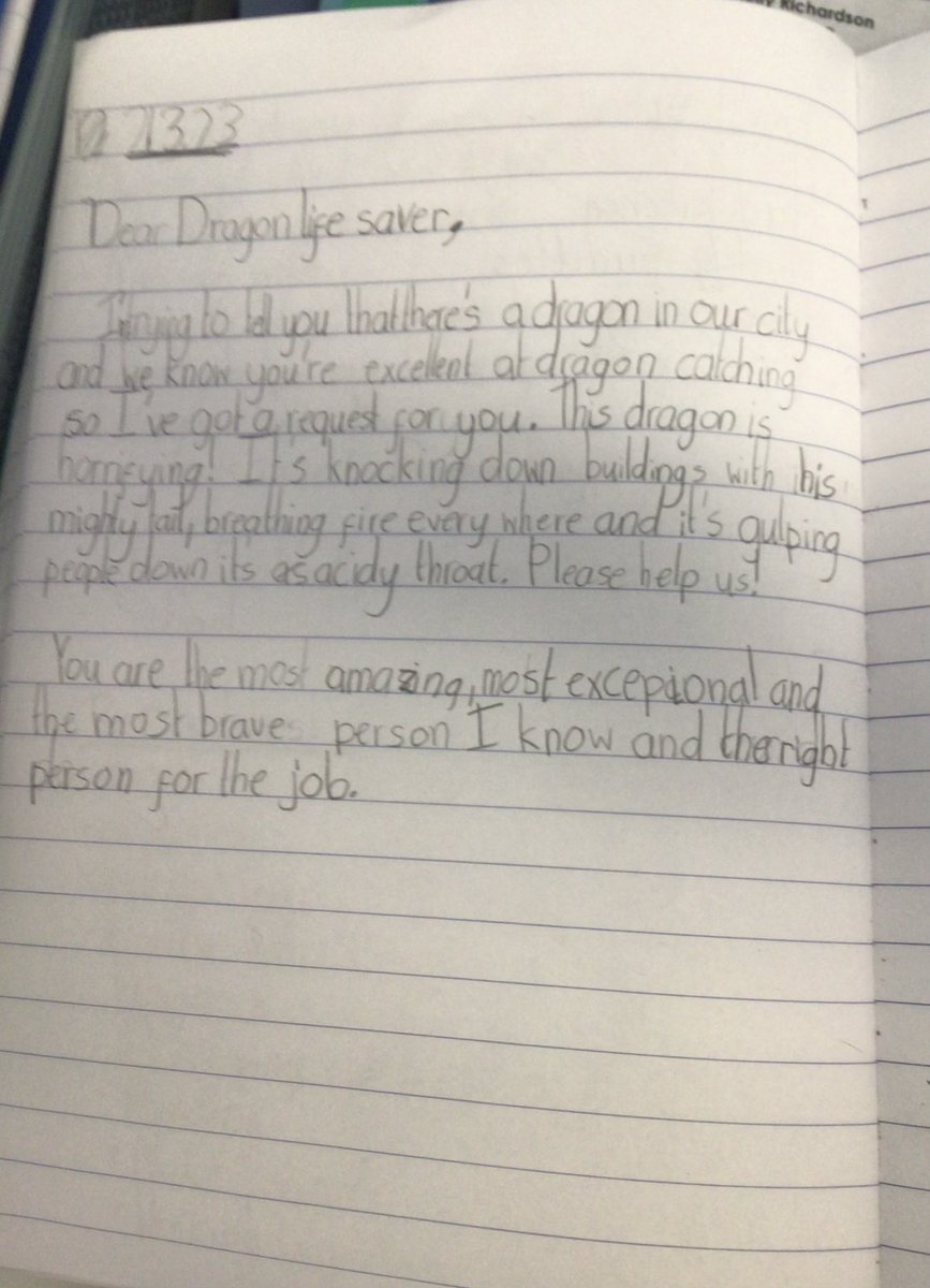 JamieThomasTFW's tweet photo. The Y2 children @SDSPrimary were writing at the top of their game to persuade a retired dragon hunter to help them rid the lands of fearsome pests. Loved the use of flattery. @Talk4Writing @PieCorbett https://t.co/lcAFsPsX9R