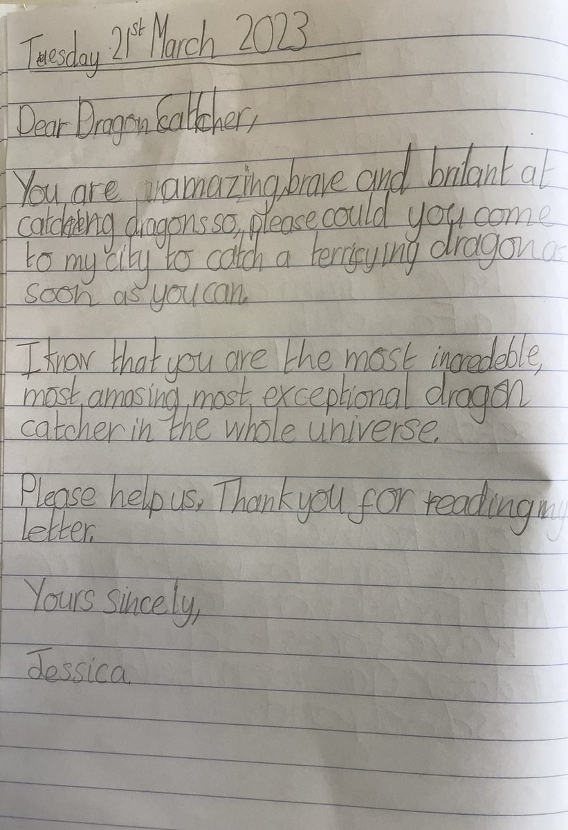 JamieThomasTFW's tweet photo. The Y2 children @SDSPrimary were writing at the top of their game to persuade a retired dragon hunter to help them rid the lands of fearsome pests. Loved the use of flattery. @Talk4Writing @PieCorbett https://t.co/lcAFsPsX9R