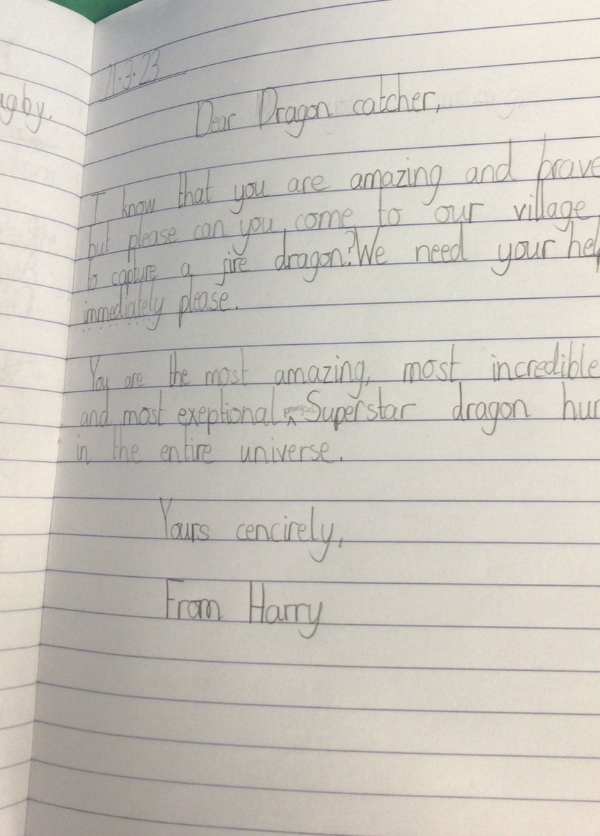 JamieThomasTFW's tweet photo. The Y2 children @SDSPrimary were writing at the top of their game to persuade a retired dragon hunter to help them rid the lands of fearsome pests. Loved the use of flattery. @Talk4Writing @PieCorbett https://t.co/lcAFsPsX9R