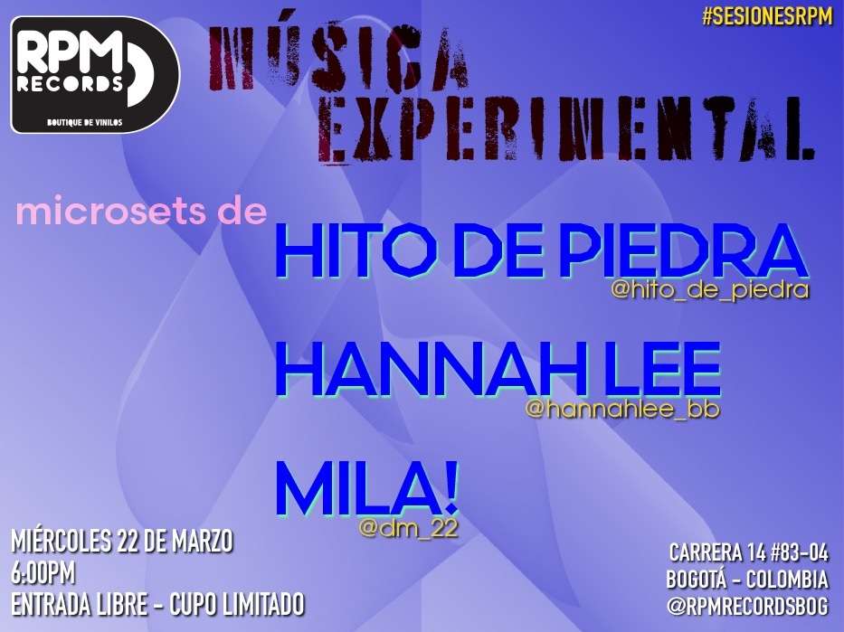¡Mañana! Invistadismxs a una #SesionesRPM de esas que nos encantan con Música experimental, en forma de 3 microsets a cargo de Mila <a href="/dm_22/">Donna-marie</a>, Hannah Lee <a href="/hannahlee_bb/">lee haavi</a> e Hito de Piedra @hito_de_piedra.

Todo inicia a las 6pm. Imperdible.

#apoyalolocal #lamusicaesmireligion