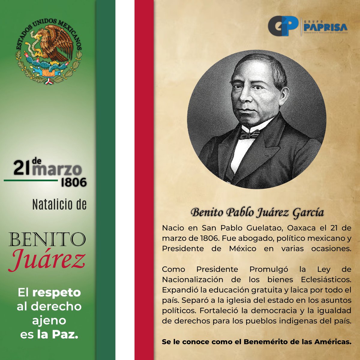 grupopaprisaof's tweet photo. Hoy conmemoramos 217 años del nacimiento de #BenitoJuárez quien impulsó grandes cambios para nuestro país.

¡Reconocemos su legado de justicia, igualdad y libertad!

#efemérides #grupopaprisa #seguridad #mexico https://t.co/FeouzW0JAL