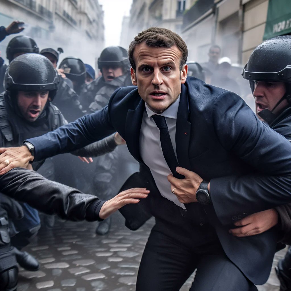 X \ Julien Lausson على X: "Macron taking the streets to protest against the retirement age reform in France #midjourney Source : https://t.co/cuZr0i4xk8 https://t.co/2GnVuwM16V"