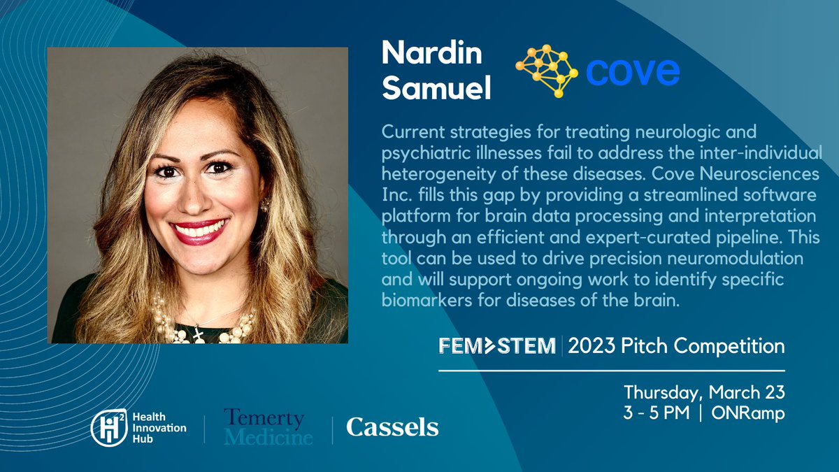 Introducing our next FemSTEM 2023 Pitch Competition finalist: Cove Neurosciences, presented by Nardin Samuel!  

Register now to join us this Thursday to watch the competition in-person or online: bit.ly/3yCia1H