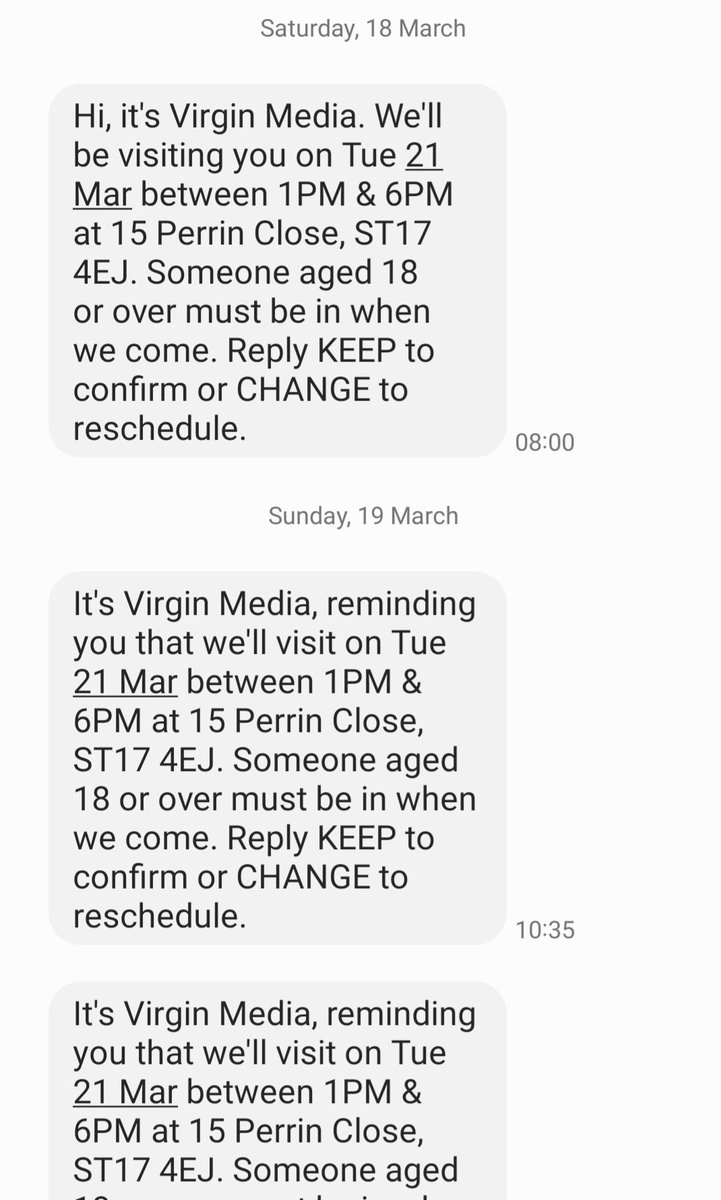 Psmiffy67's tweet photo. @virginmedia could you provide details regarding the following appointment scheduled by VM. Original appointment notifications 21st Mar but Online account 22nd. Arranged working hours accordingly for today https://t.co/lADbHYe2BR