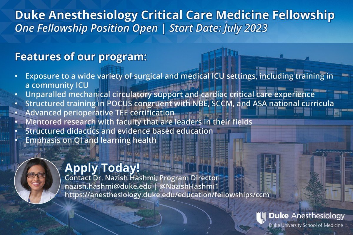 Are you about to graduate residency and just realized you want to do CCM? Are you in practice and would like to spend a year learning ICU medicine! here is your chance. We have a spot for July 2023! @Duke_Anesthesia @DukeAnesFellows @DukeAnesRes @SOCCA_CritCare