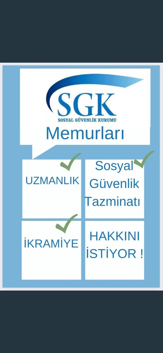 #GeceGündüzSGKdayız
5510, 6183, 4447, 3201, 506, 5434, 1479, 6331, 7201, ve daha bir sürü ve sürekli degisen Kanunu, Yönetmeliği, Genelgeyi bilmek zorunda ol ama uzman değilsin desinler?
SGK personeli özlük haklarını istiyor. 
<a href="/RTErdogan/">Recep Tayyip Erdoğan</a> 
<a href="/vedatbilgn/">Vedat Bilgin</a>
<a href="/kilicdarogluk/">Kemal Kılıçdaroğlu</a>
<a href="/meral_aksener/">Meral Akşener</a>