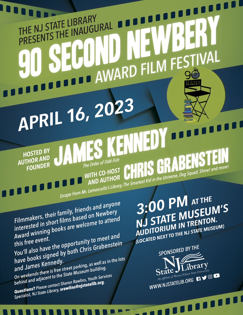 Films submitted by NJ youth will be shown at the inaugural 90 Second Newbery Award Film Festival. The event is sponsored by the NJ State Library and being held in the NJ State Museum's Auditorium, 4/16/23.