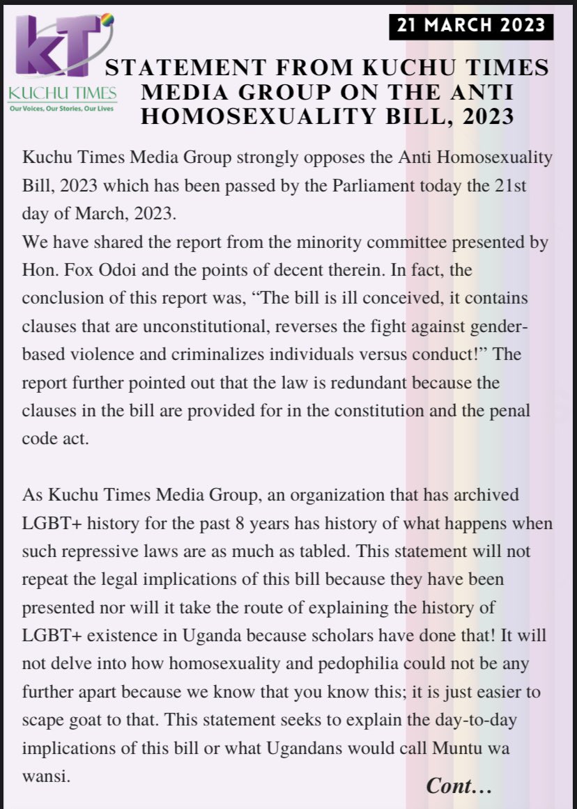 KuchuTimes's tweet photo. #PASSED 
Statement From Kuchu Times Media Group On The Passing Of The Anti Homosexuality Bill, 2023 - https://t.co/4LvX65453z…
#SayNoToAHB23 https://t.co/oqmHx5fINY