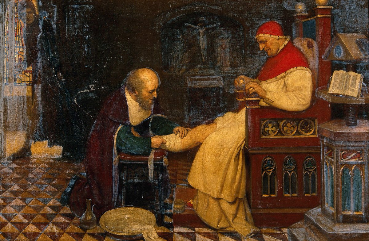 tttpodcast_'s tweet photo. Here is a painting full of intrigue. You can just make out Petrarch's ghostly outline in the top left. 

"Guy de Chauliac bandages the leg of Pope Clement VI at Avignon, while Petrarch, his enemy, jealous of his influence, watches him. c. 1348" (Wellcome Collection) https://t.co/hkPNJO6B6h
