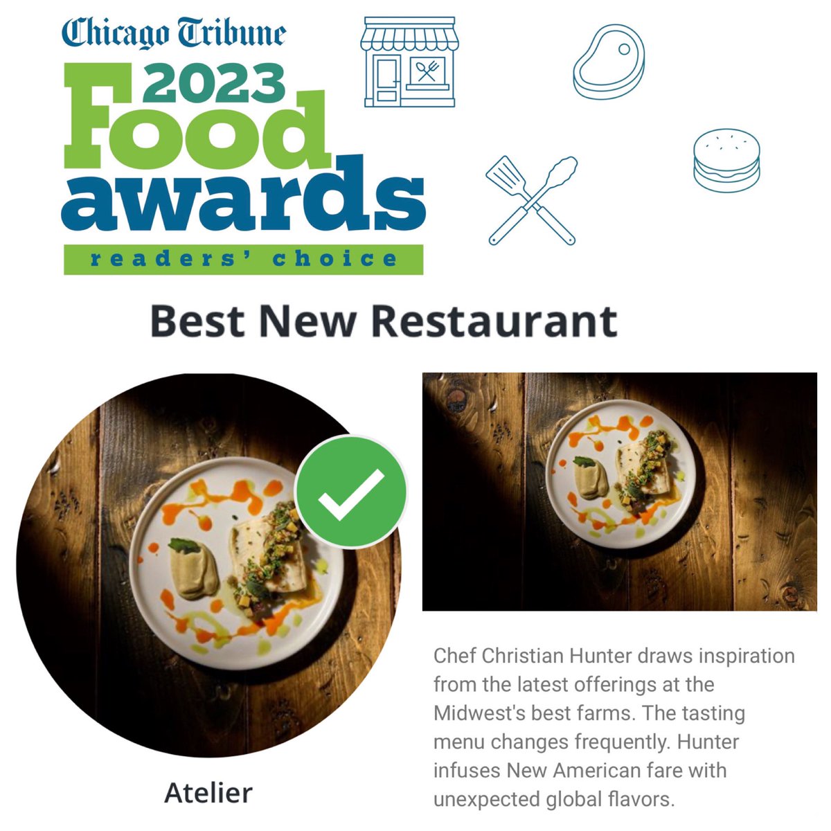 Cast your vote for Atelier in <a href="/chicagotribune/">Chicago Tribune</a>’s 2023 Readers’ Choice Food Awards! Visit chicagotribune.com/FoodAwards2023 to name Atelier “Best New Restaurant” in #Chicago. Voting runs daily through March 31st. ✅ 🏆🍽️ <a href="/ChiTribFood/">Chicago Tribune Food & Dining</a>
