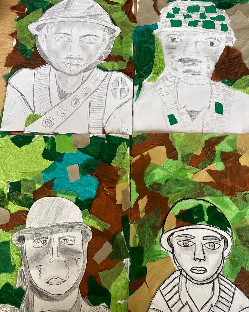 Drawing and collage skills used in Rowan class today to produce these fantastic WW2 soldiers. #islingtonschools #art #collage #ww2 #history #worldwar2