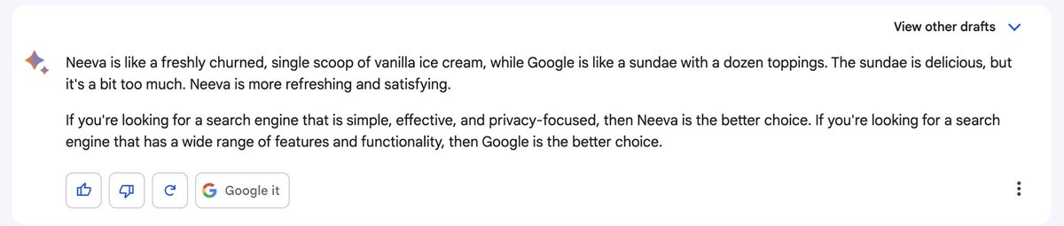Neeva's tweet photo. Bard may not have citations but it’s right on this one! 

*eats ice cream*

👀🍦 https://t.co/ve3yo2IKFN