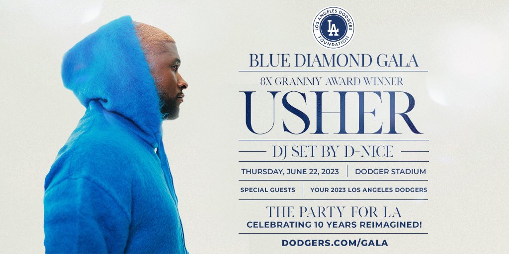 Dodgers Foundation (@dodgersfdn) on Twitter photo On sale!! On 6/22, our Blue Diamond Gala will feature a private benefit concert by <a href="/Usher/">Usher Raymond IV</a> and a DJ set by @dnice. Tickets and sponsorships available at Dodgers.com/gala. #LADFgala On sale!! On 6/22, our Blue Diamond Gala will feature a private benefit concert by <a href="/Usher/">Usher Raymond IV</a> and a DJ set by @dnice. Tickets and sponsorships available at Dodgers.com/gala. #LADFgala