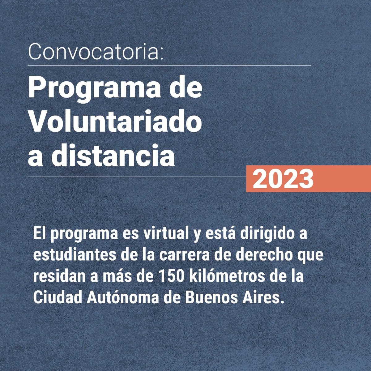 InProjectAR's tweet photo. Convocatoria para el Programa de Voluntariado a distancia 2023.
El programa es virtual y está dirigido a estudiantes de la carrera de derecho que residan a más de 150 kilómetros de la Ciudad Autónoma de Buenos Aires. https://t.co/qwCXB3YWQn