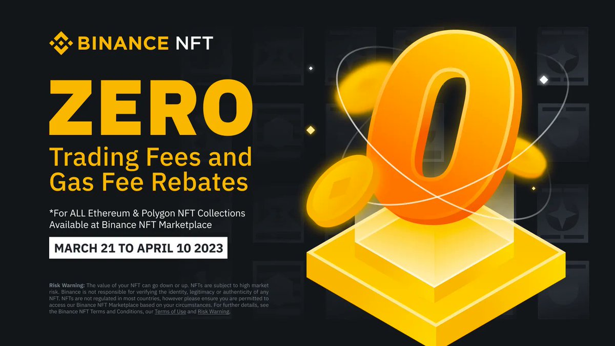 binance's tweet image. Head over to @TheBinanceNFT marketplace where you can now enjoy Zero Trading Fees, and Gas Fee Rebates for selected NFT collections! 

Find out more ➡️ binance.com/en/support/ann…
